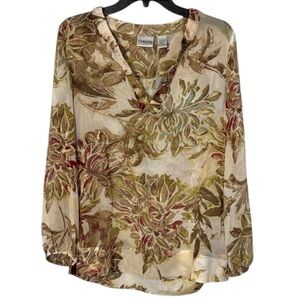 Chico's Top Cream & Tan Floral Silk Ruched Splitneck Sheer‎ in Size 0/S  NWT